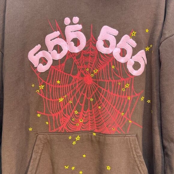 Sp5der Brown Pink Angel Number 555 Young Thug Pullover Hoodie Size Large - Picture 2 of 7